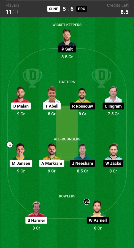 Dream11 Grand League Team SUNE vs PRC SA20 Match 15