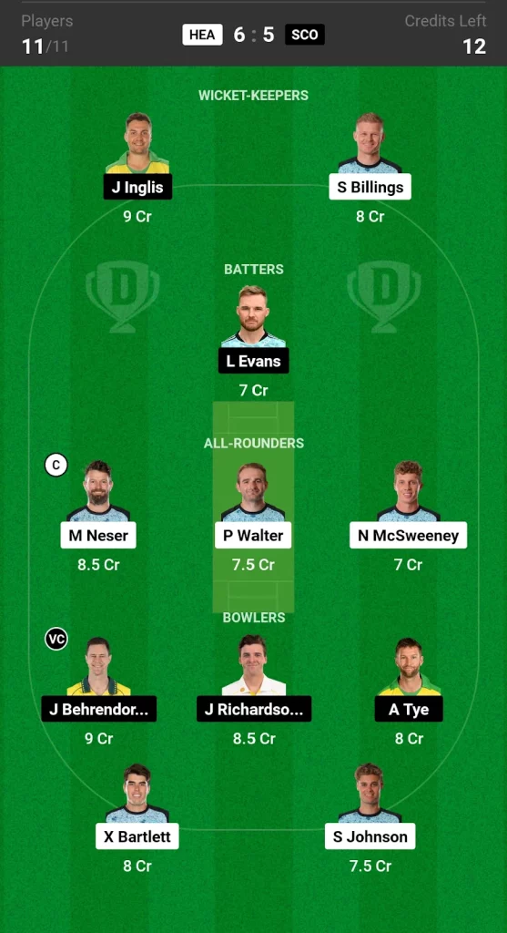 HEA vs SCO Dream11 Prediction Today BBL Match Grand League Team 3