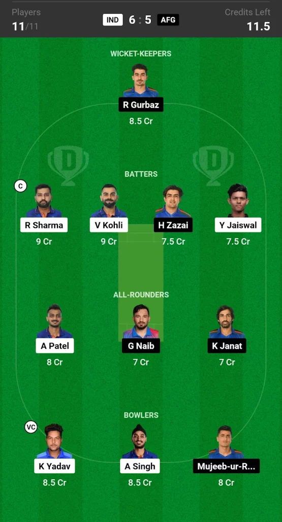 IND vs AFG Dream11 Prediction Today 3rd T20I Match Grand League Team 1