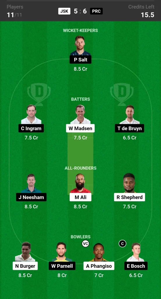 JSK vs PRC Dream11 Prediction Today SA20 Match Grand League Team 1