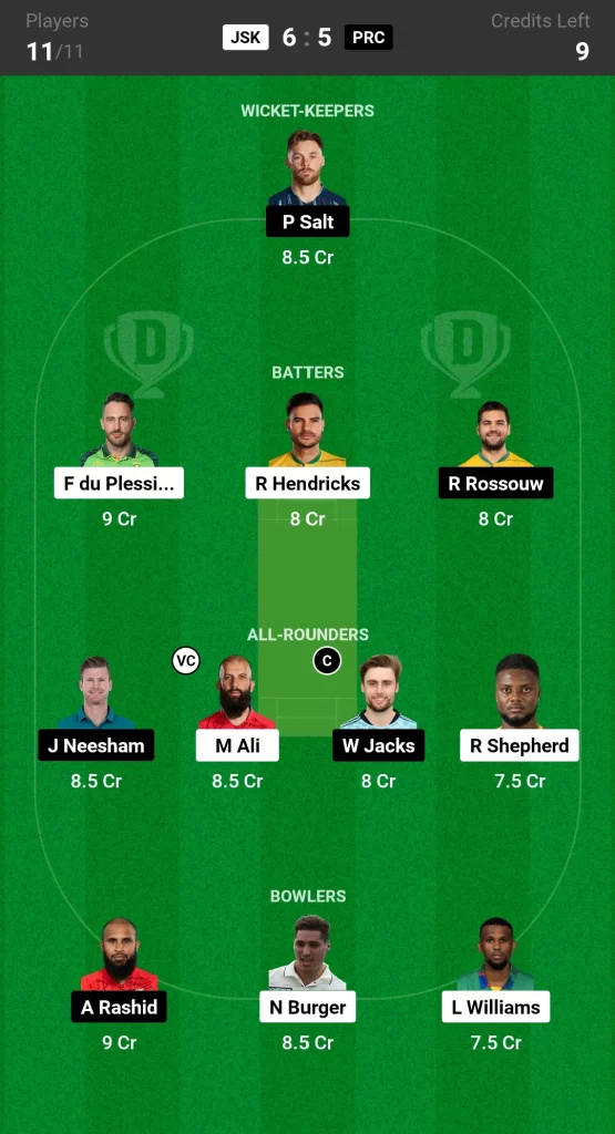 JSK vs PRC Dream11 Prediction Today SA20 Match Small League Team