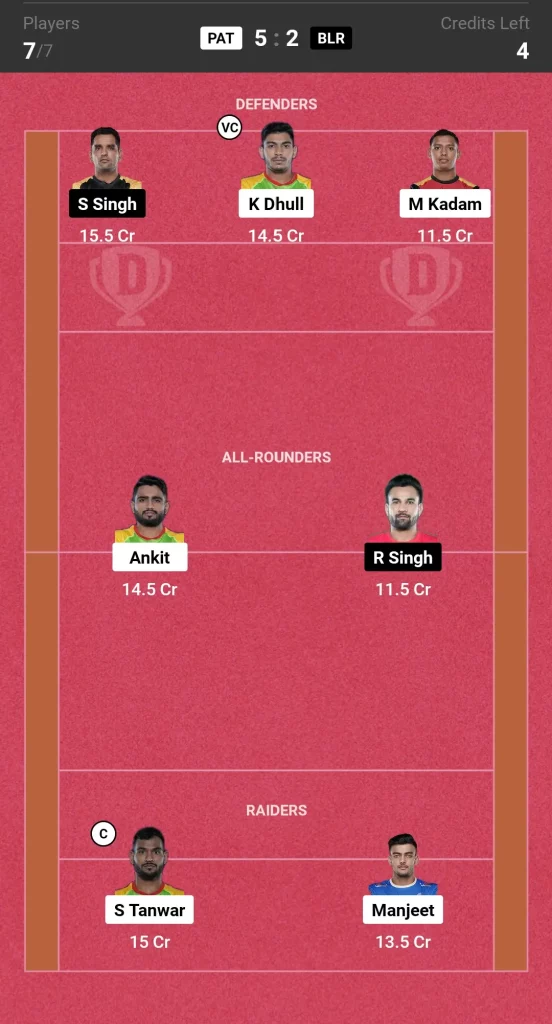 PAT vs BLR Pro Kabaddi League Dream11 Prediction Today Match Small League Team