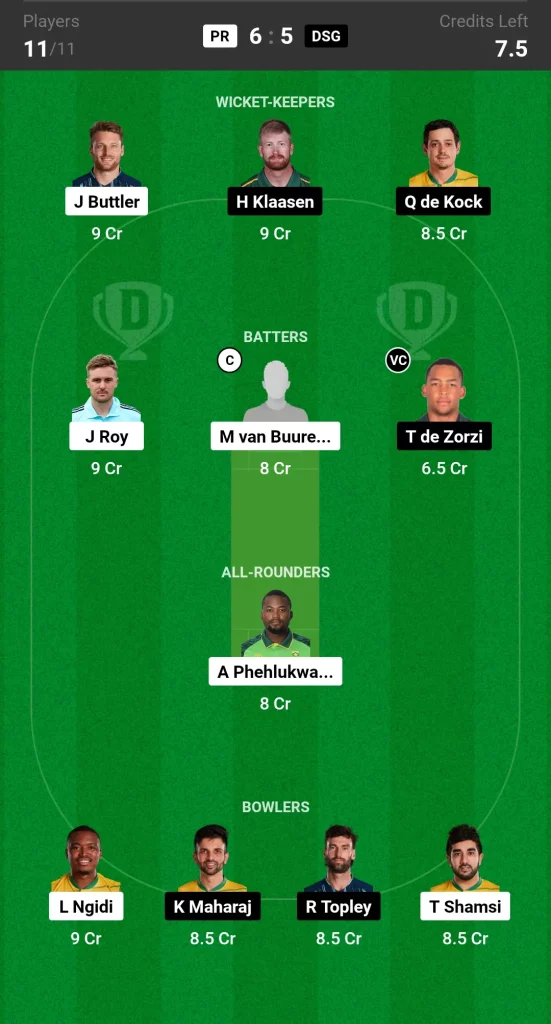 PR vs DSG Dream11 Prediction Today SA20 Match Grand League Team