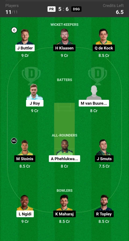 PR vs DSG Dream11 Prediction Today SA20 Match Small League Team