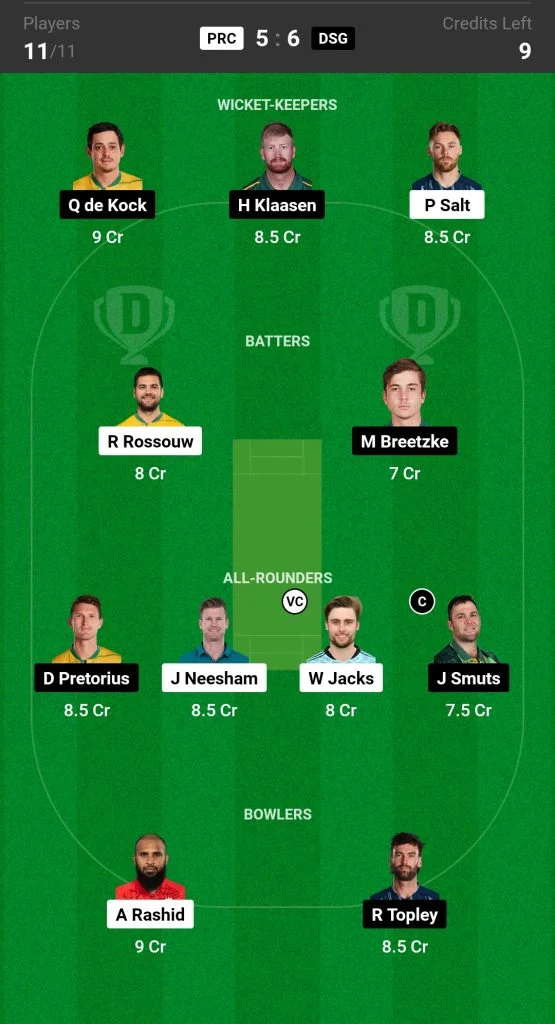 PRC vs DSG Dream11 Prediction Today SA20 Match Small League