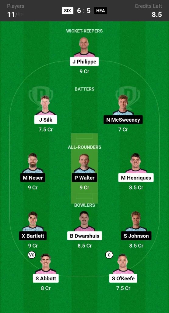 SIX vs HEA Dream11 Prediction Today BBL Match Grand League Team 1