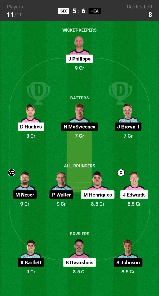 SIX vs HEA Dream11 Prediction Today BBL Match Small League Team