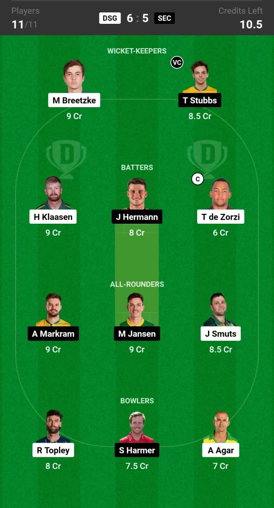 DSG vs SUNE Dream11 Team Prediction Today SA20 Match Grand League