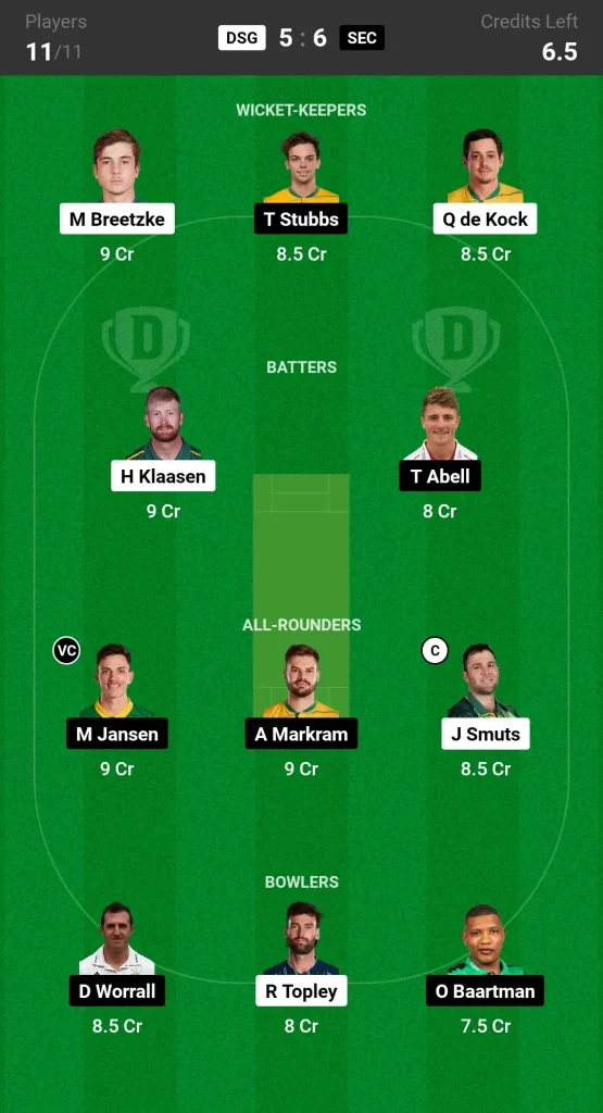 DSG vs SUNE Dream11 Team Prediction Today SA20 Match Small League