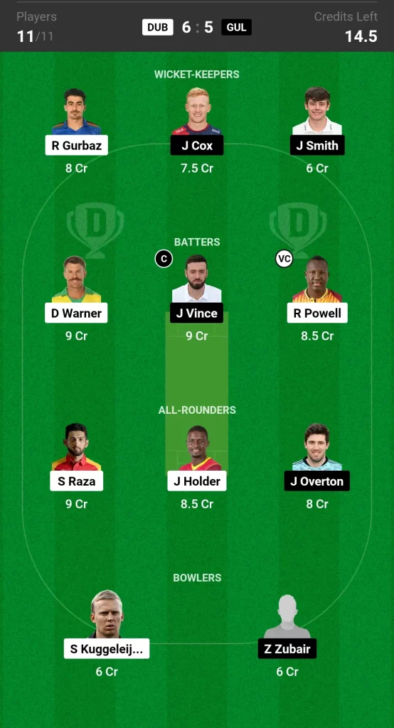 DUB vs GUL Dream11 Team Prediction Today ILT20 Match Grand League