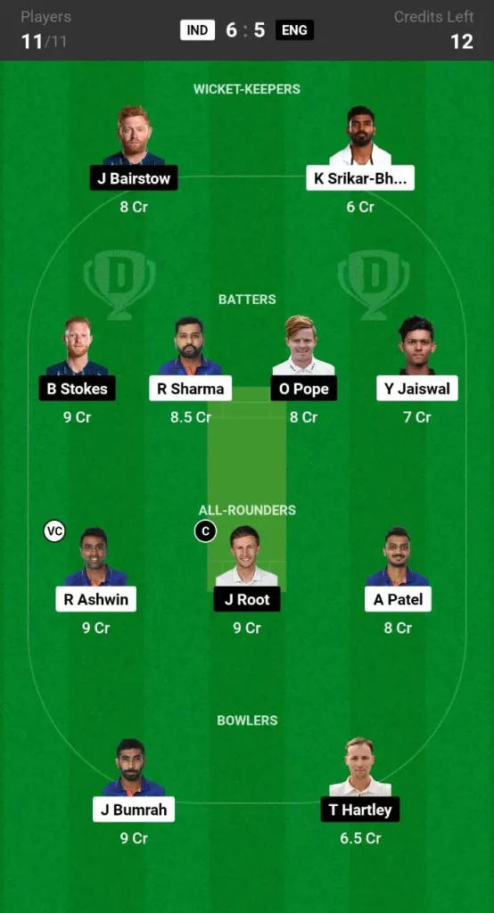 Dream11 Small League Team IND vs ENG 2nd Test 2024