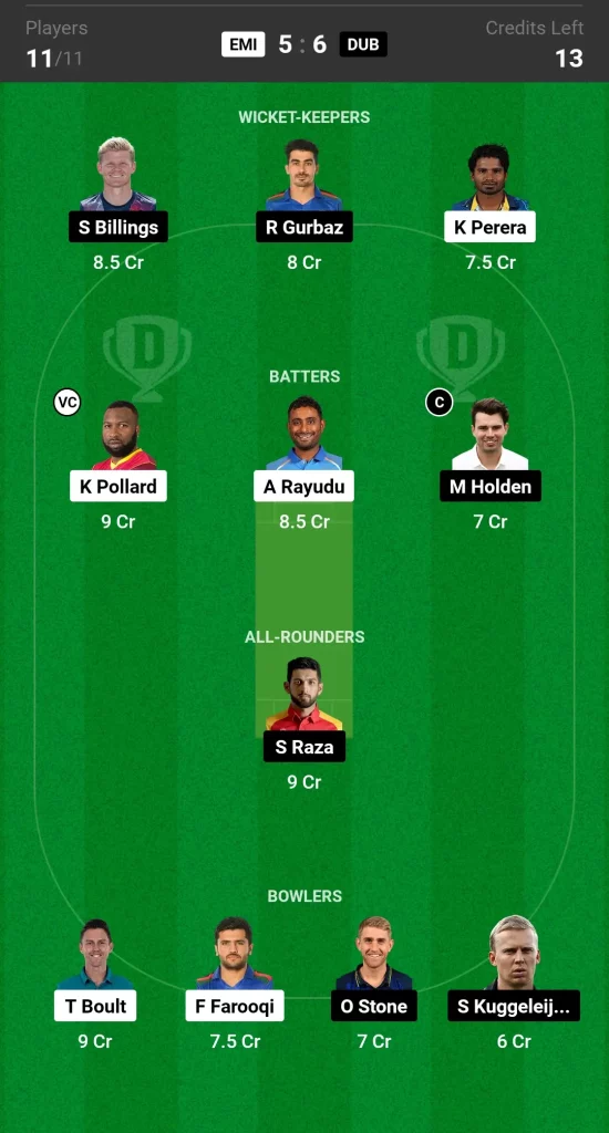 EMI vs DUB Dream11 Prediction Today Match Grand League Team