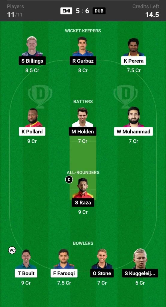 EMI vs DUB Dream11 Prediction Today Match Small League Team