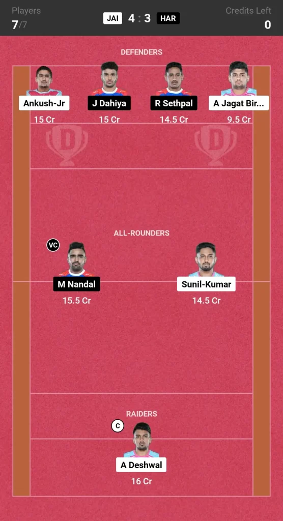 JAI vs HAR Kabaddi Dream11 Prediction Small League Team