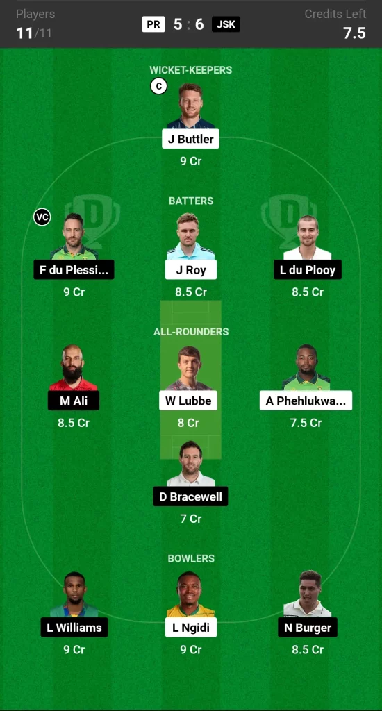 PR vs JSK Dream11 Prediction Today SA20 Match Small League Team