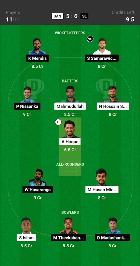 BAN vs SL 1st ODI Dream11 Prediction Grand League Team