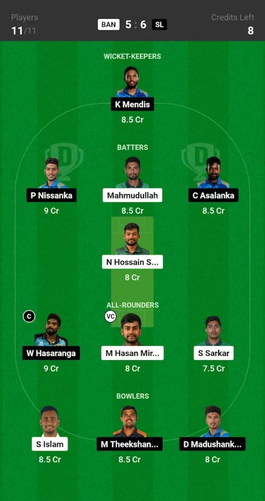 BAN vs SL 1st ODI Dream11 Prediction Small League Team