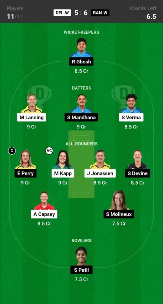 DEL W vs BAN W Dream11 Prediction Today Match Small League Team