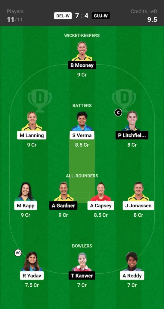 DEL W vs GUJ W Dream11 Prediction Grand League Team