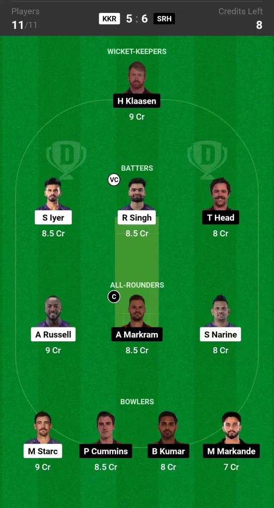 KKR vs SRH Dream11 Team Prediction Today IPL 2024 Match Grand League Team 2