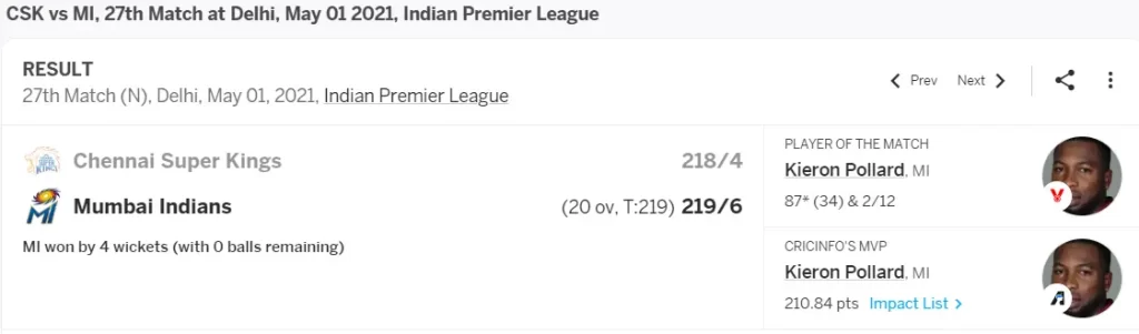 MI vs CSK IPL 2021 Match