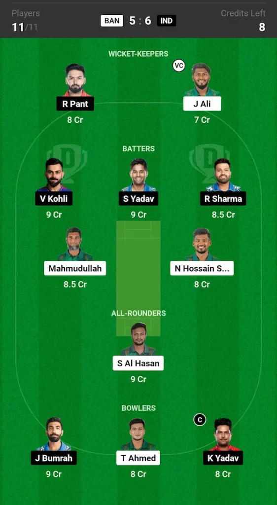 IND vs BAN Dream11 Prediction Grand League Team