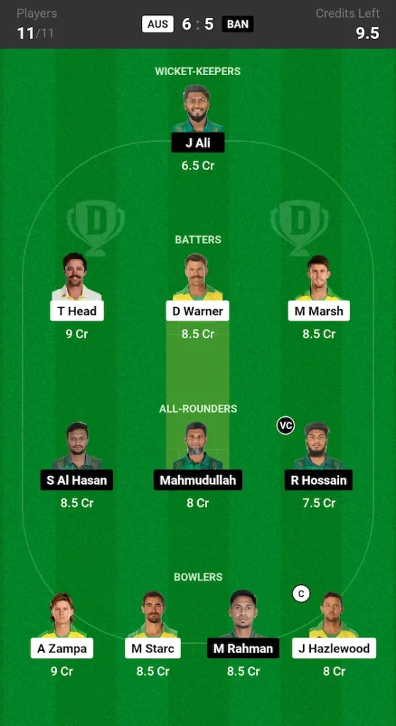 AUS vs BAN Dream11 Prediction Today Match Grand League Team