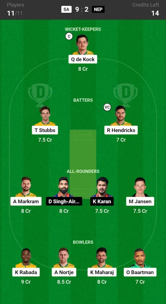 SA vs NEP Dream11 Prediction Today Match Grand League Team