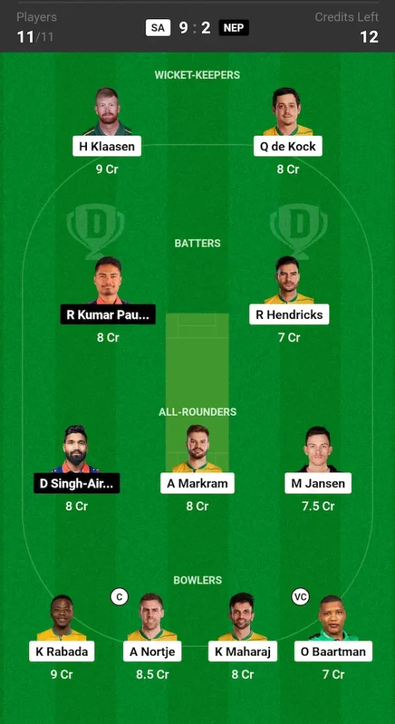 SA vs NEP Dream11 Prediction Today Match Small League Team