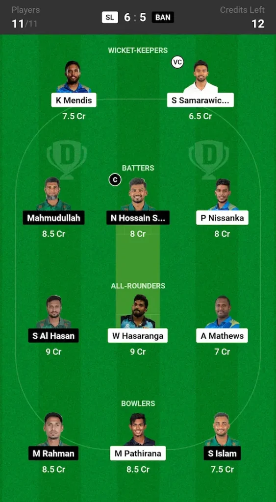 SL vs BAN Dream11 Prediction Grand League Team