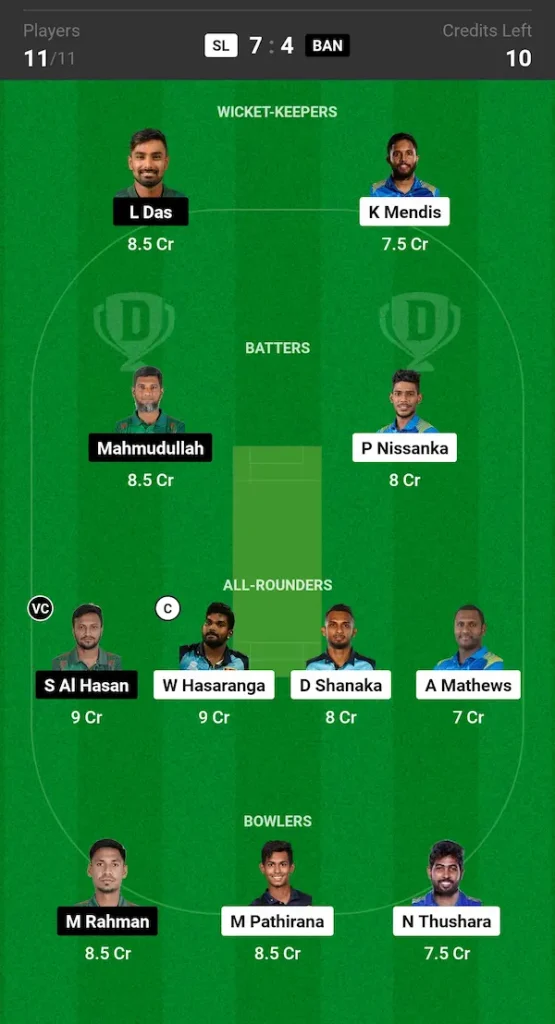 SL vs BAN Dream11 Prediction Small League Team