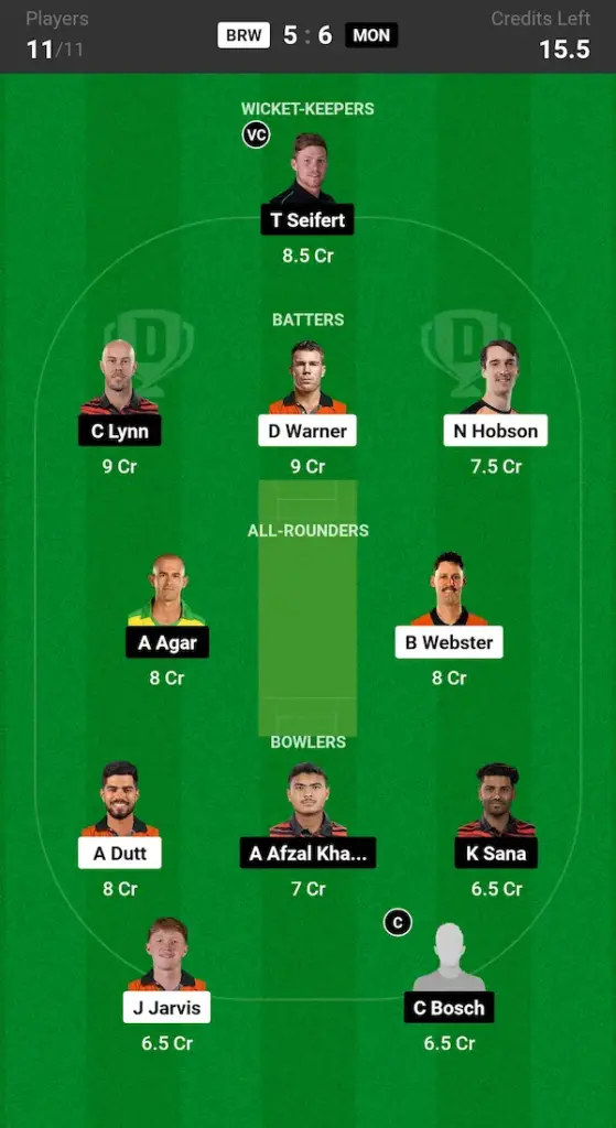 BRW vs MON Dream11 Prediction Grand League Team