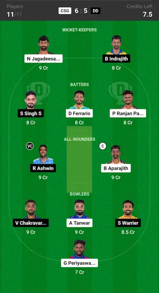 CSG vs DD Dream11 Prediction Today Match Small League Team