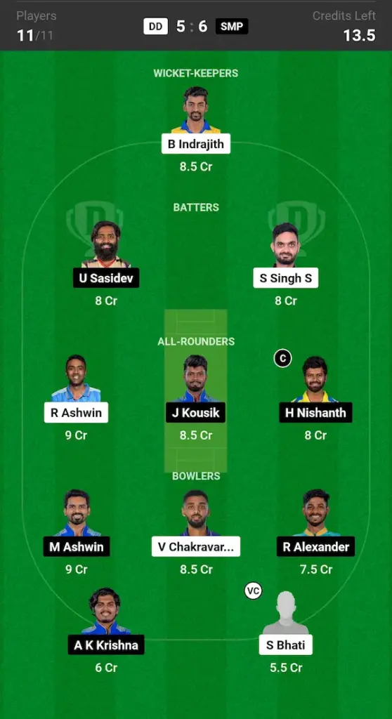 DD vs SMP Dream11 Prediction Grand League Team