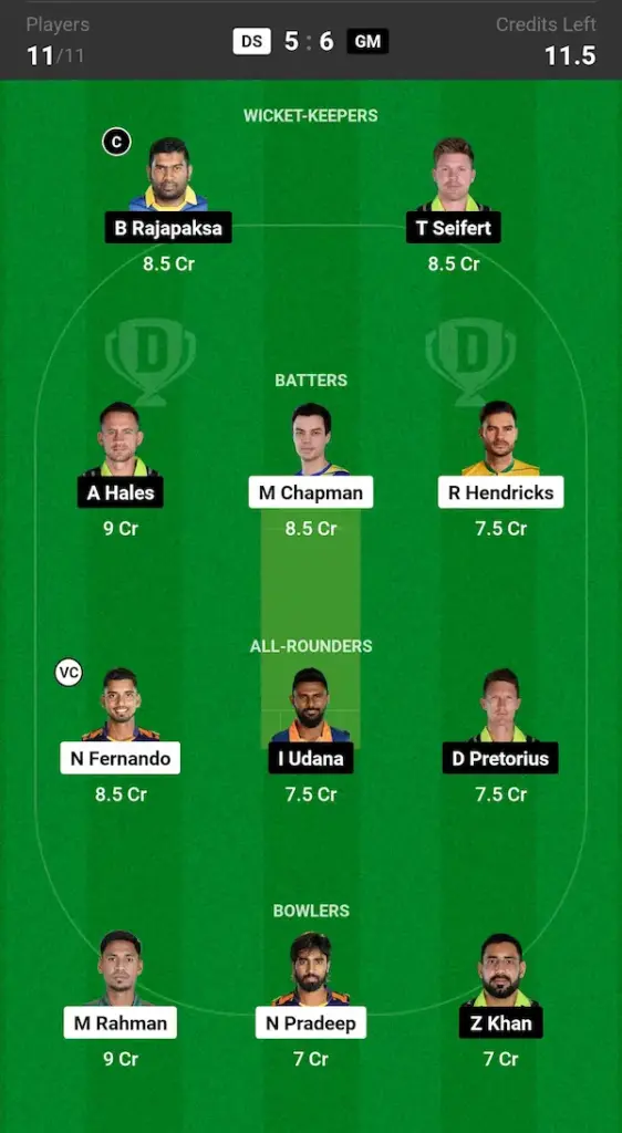 DS vs GM Dream11 Prediction: Grand League Team