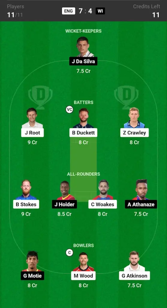 ENG vs WI Dream11 Prediction Today Match Grand League Team