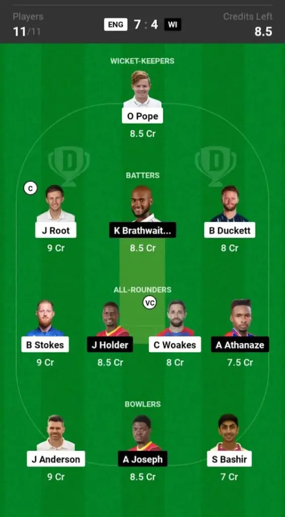 ENG vs WI Dream11 Prediction Today Match Grand League Team