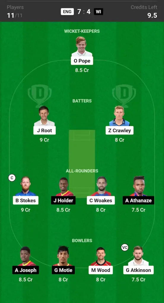 ENG vs WI Dream11 Prediction Today Match Small League Team