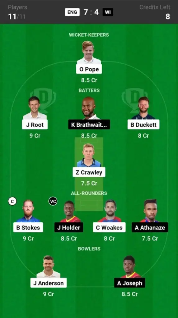 ENG vs WI Dream11 Prediction Today Match Small League Team