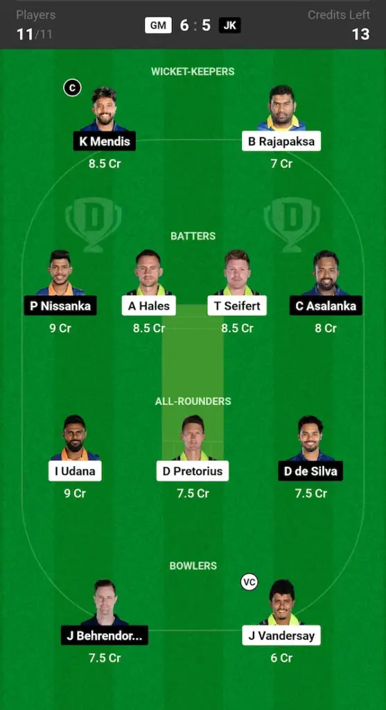 GM vs JK Dream11 Prediction Today Match Grand League Team