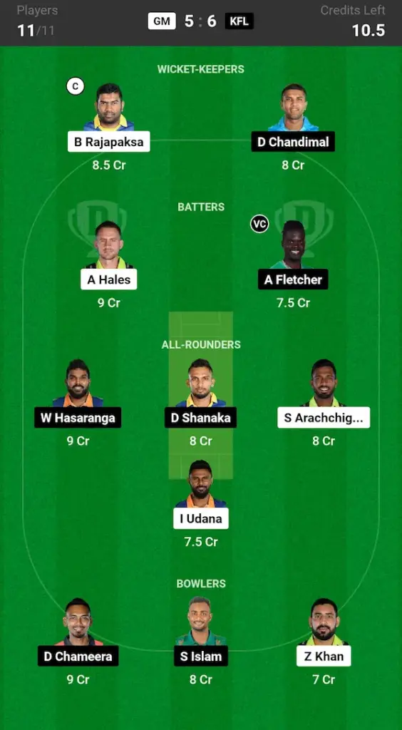 GM vs KFL Dream11 Prediction Today Match Grand League Team