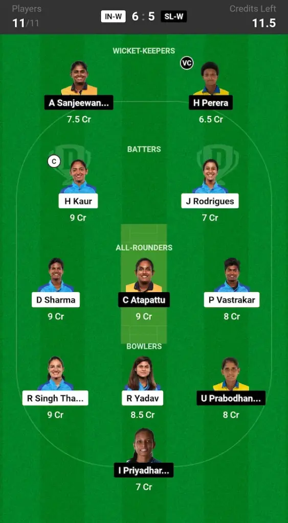 IN W vs SL W Dream11 Prediction Grand League Team