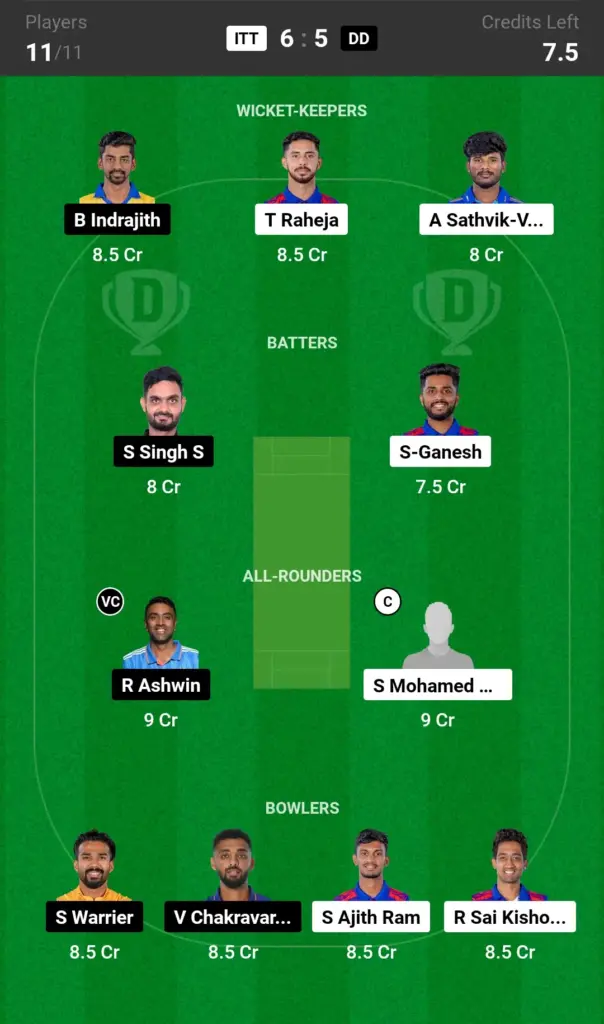 ITT vs DD Dream11 Prediction Today Match Small League Team