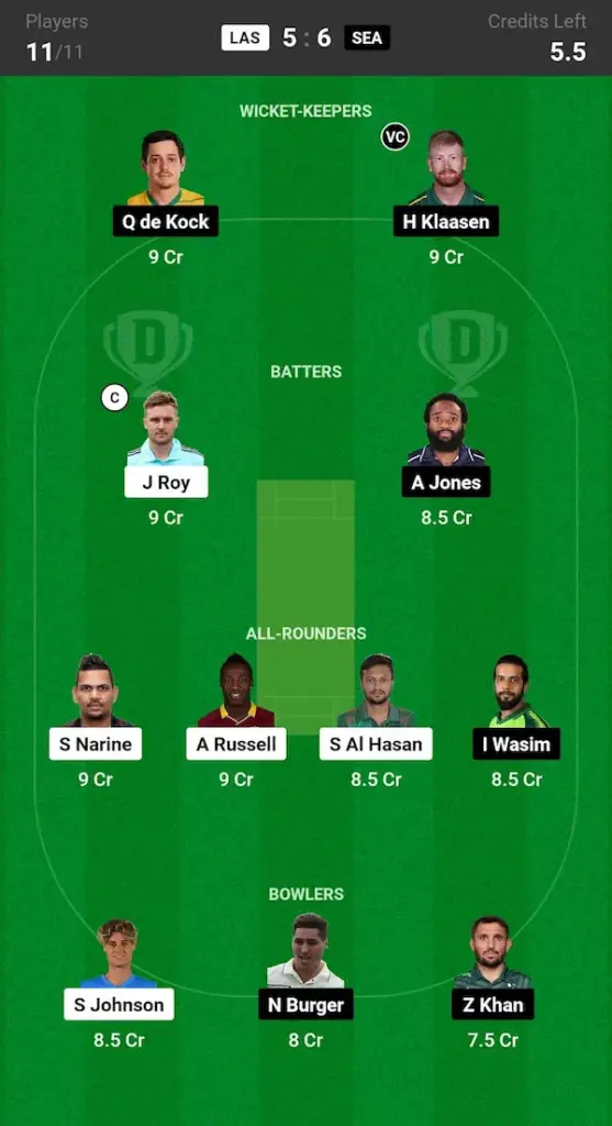 LAS vs SEA Dream11 Prediction Today Match Grand League Team