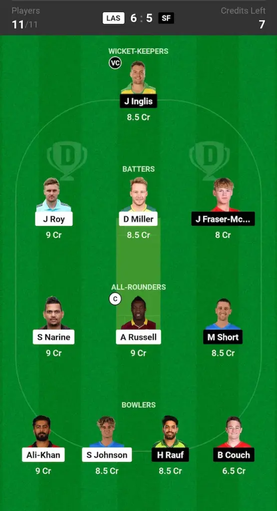 LAS vs SF Dream11 Prediction Today Match Grand League Team