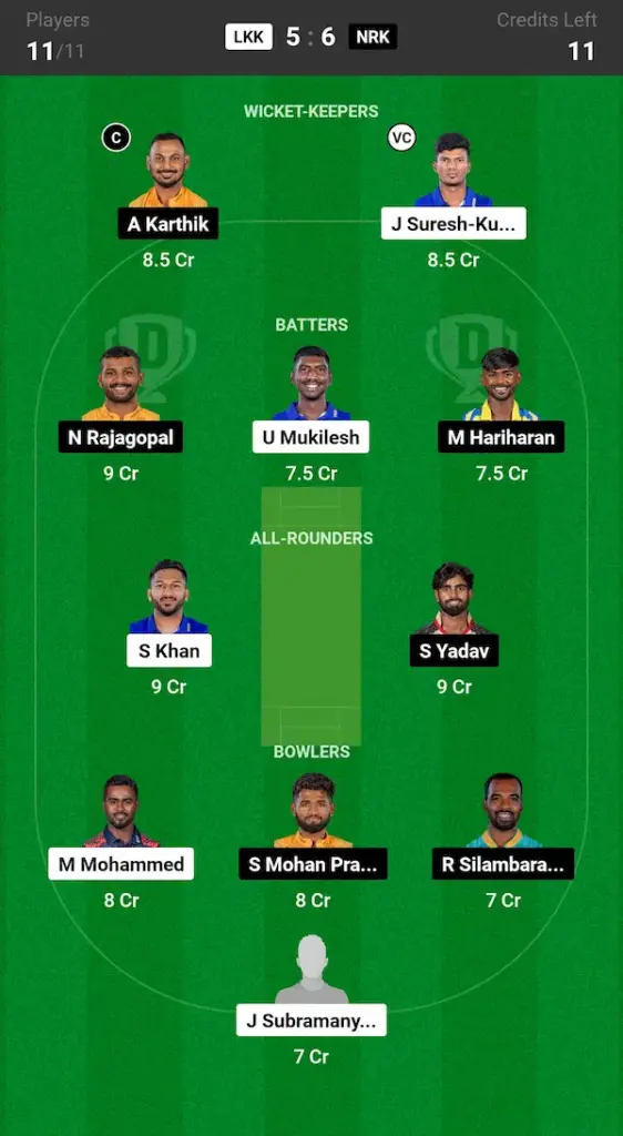 LKK vs NRK Dream11 Prediction Today Match Grand League Team