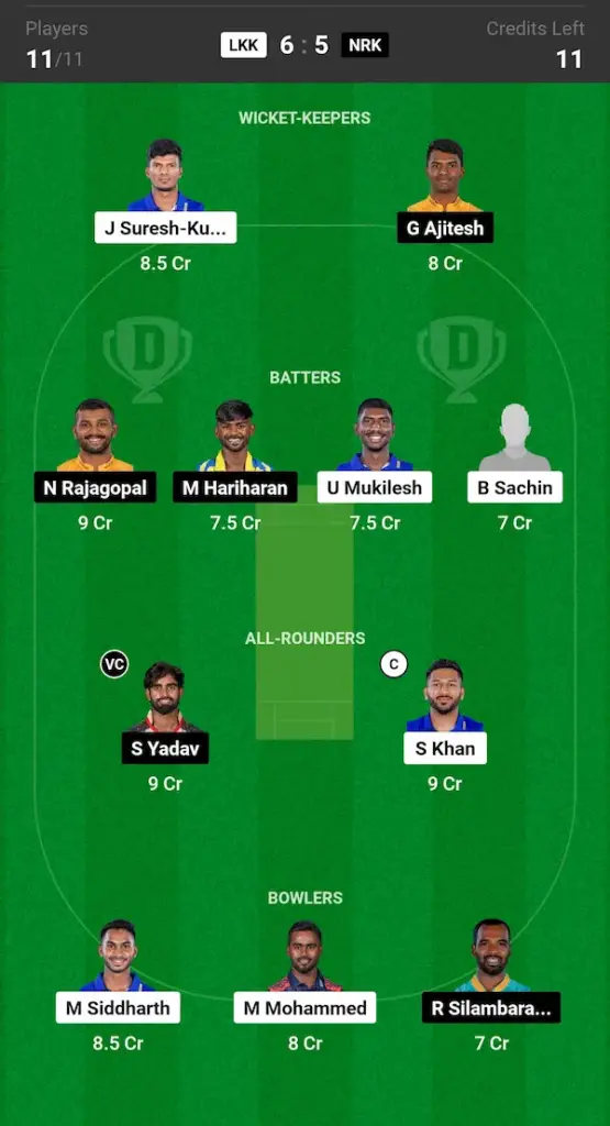 LKK vs NRK Dream11 Prediction Today Match Small League Team