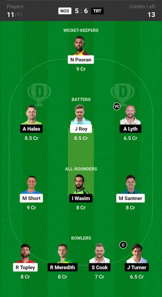 NOS vs TRT Dream11 Prediction Grand League Team