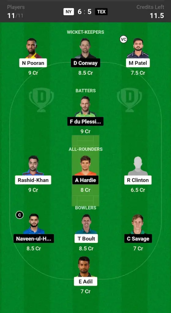 NY vs TEX Dream11 Prediction Today Match Grand League Team