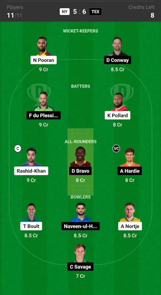 NY vs TEX Dream11 Prediction Today Match Small League Team